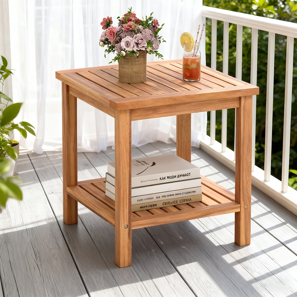 Patio Acacia Wood Side Table With Slatted Tabletop And Storage Shelf_voghion.com